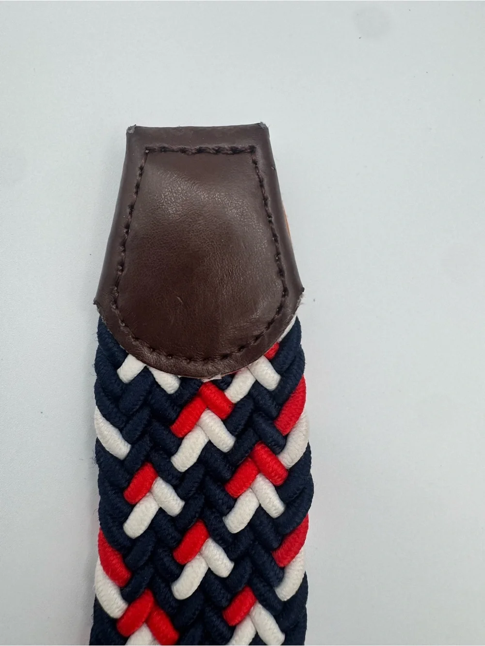 Vintage Braided Stretch Belt Navy Red White Brown Leather Trim Preppy Nautical